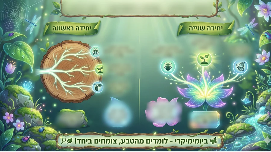 שקף נתונים מקורס ביומימיקרי: יחידה אחת כגזע עץ ויחידה שנייה כפרח, כותרות היחידות חדות, והמדדים, הציטוטים ומספר המשיבים מטושטשים.