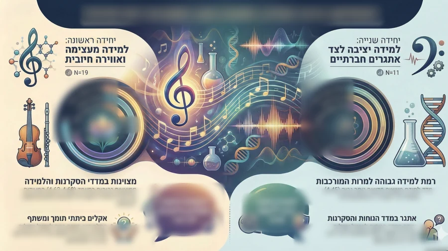 שקף נתונים מקורס מוזיקה ומדע: שתי יחידות משני צדי מפתח סול וגל קול, כותרות היחידות והסעיפים חדות, והטקסט הרץ, המדדים והציטוטים מטושטשים.