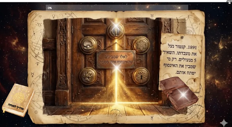 מסך הפתיחה של חדר בריחה דיגיטלי נוסף: דלת עץ מעוטרת עם כמה חוגות נעולות ואור זוהר בתפר שבמרכזה, פתק חידה בצד עם טקסט על קנטור ומעבדתו, ספר מדריך למנחה בפינה, ורקע שמיים זרועי כוכבים עם סמלי מזלות.