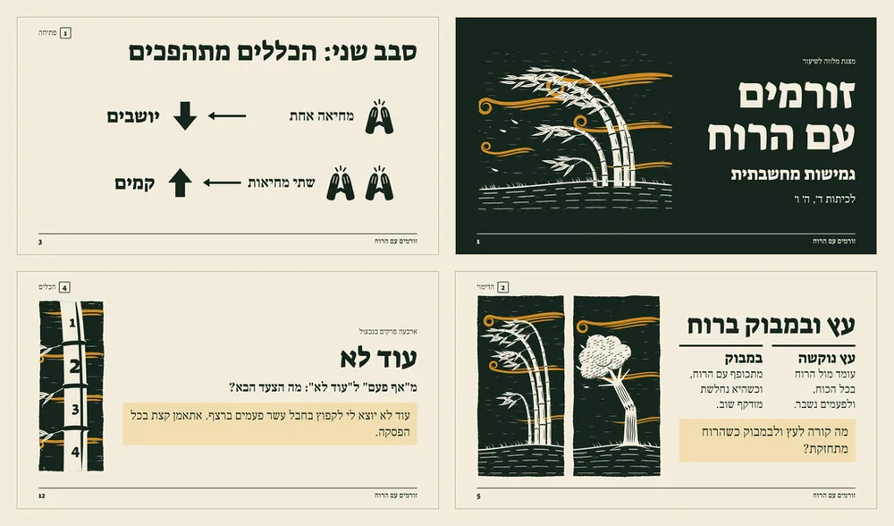 ארבעה שקפים מהמצגת: השער הכהה עם הבמבוק ברוח, הסבב השני של המשחק שבו הכללים מתהפכים, עץ ובמבוק ברוח עם שאלה לשיחה, והכלי עוד לא, עם הפרק השני בגבעול.